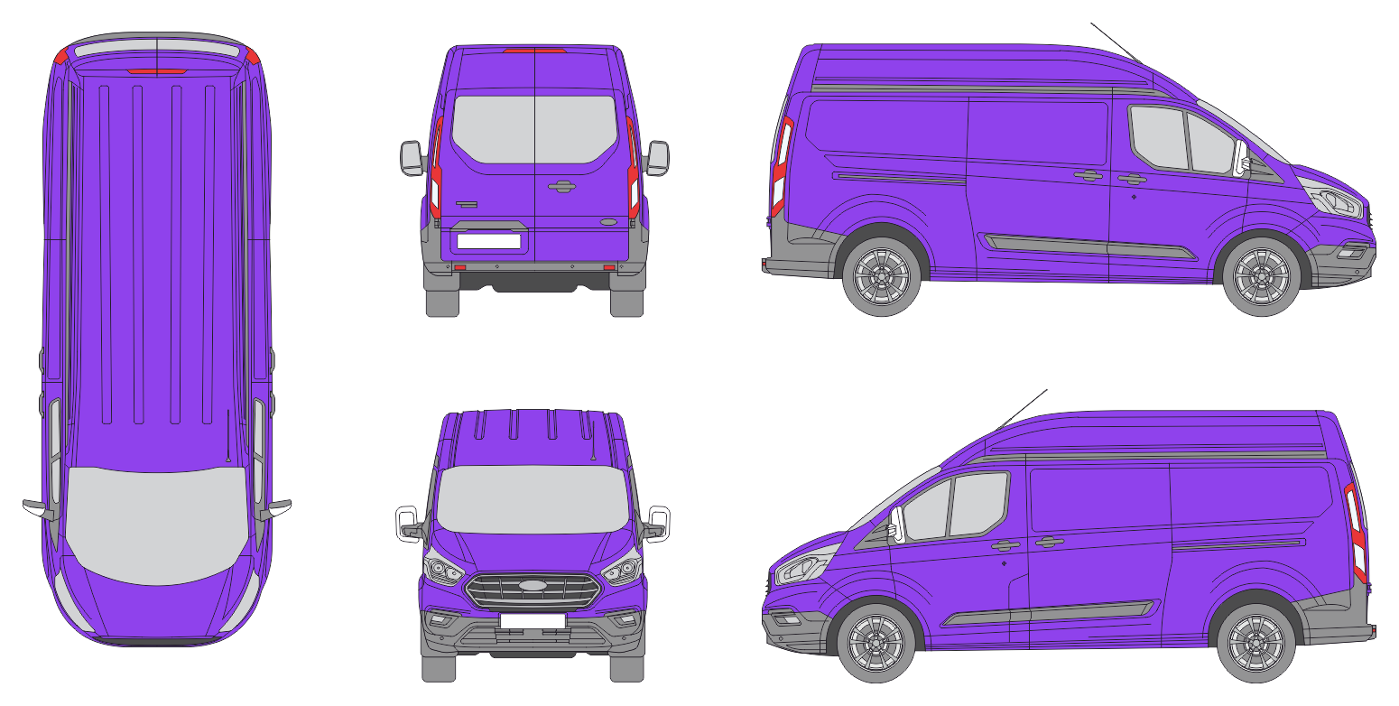 Ford Transit Custom 2018 Long High Rear Swing Doors Window Van Template