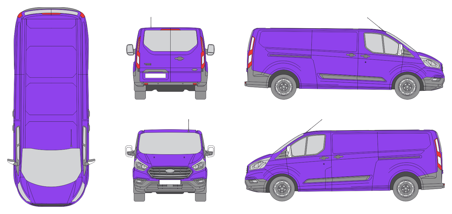 Ford Transit Custom 2018 Long Rear Swing Doors Window Van Template